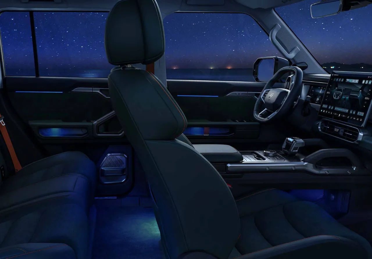 T2 cabin at night, starry sky through the windows, footwells and door pockets lit
