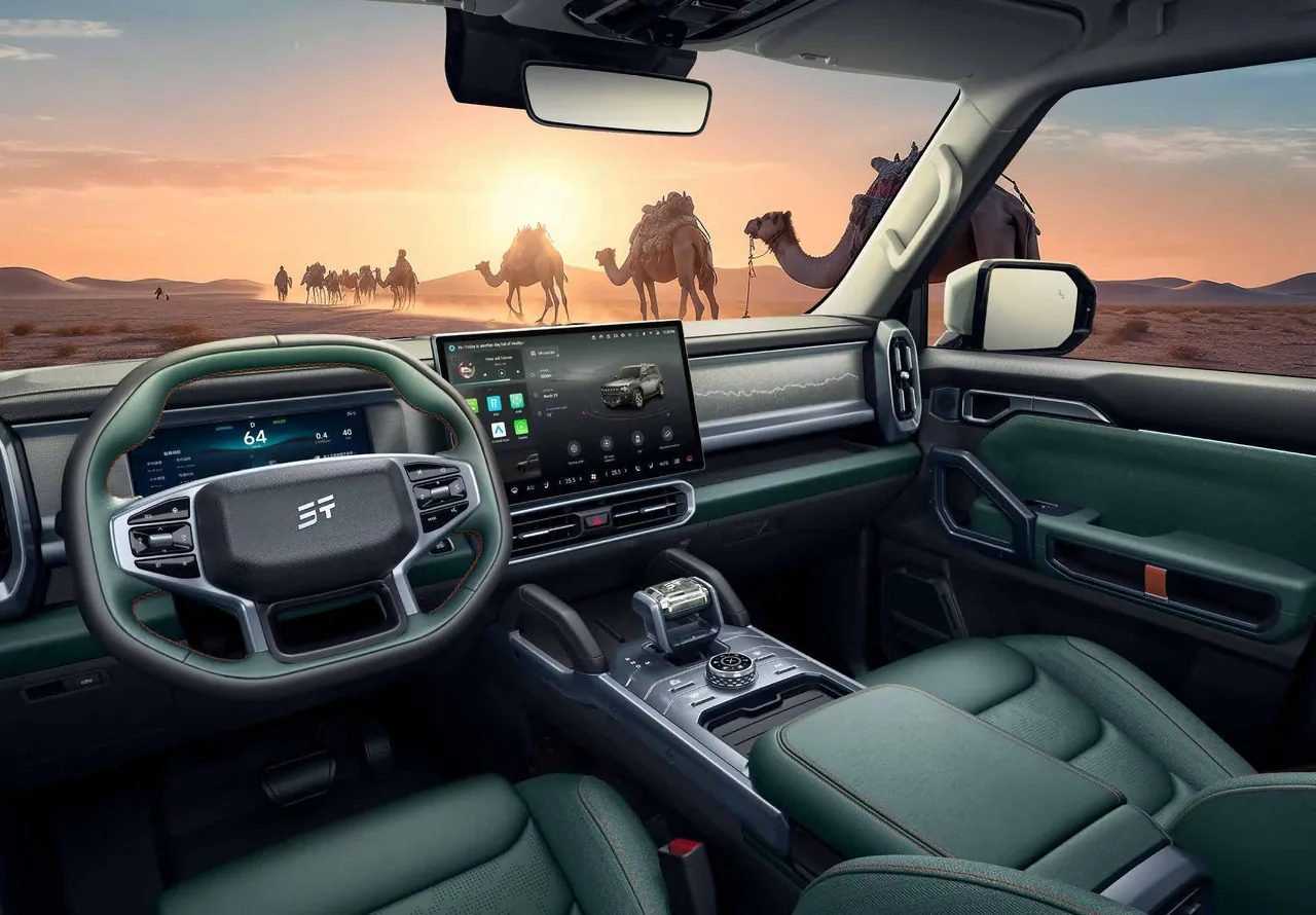 T2 dashboard in green trim, desert and camels through the windscreen