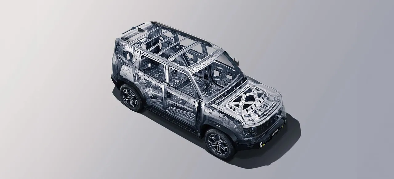 The T2's steel body structure shown in grey, wheels attached