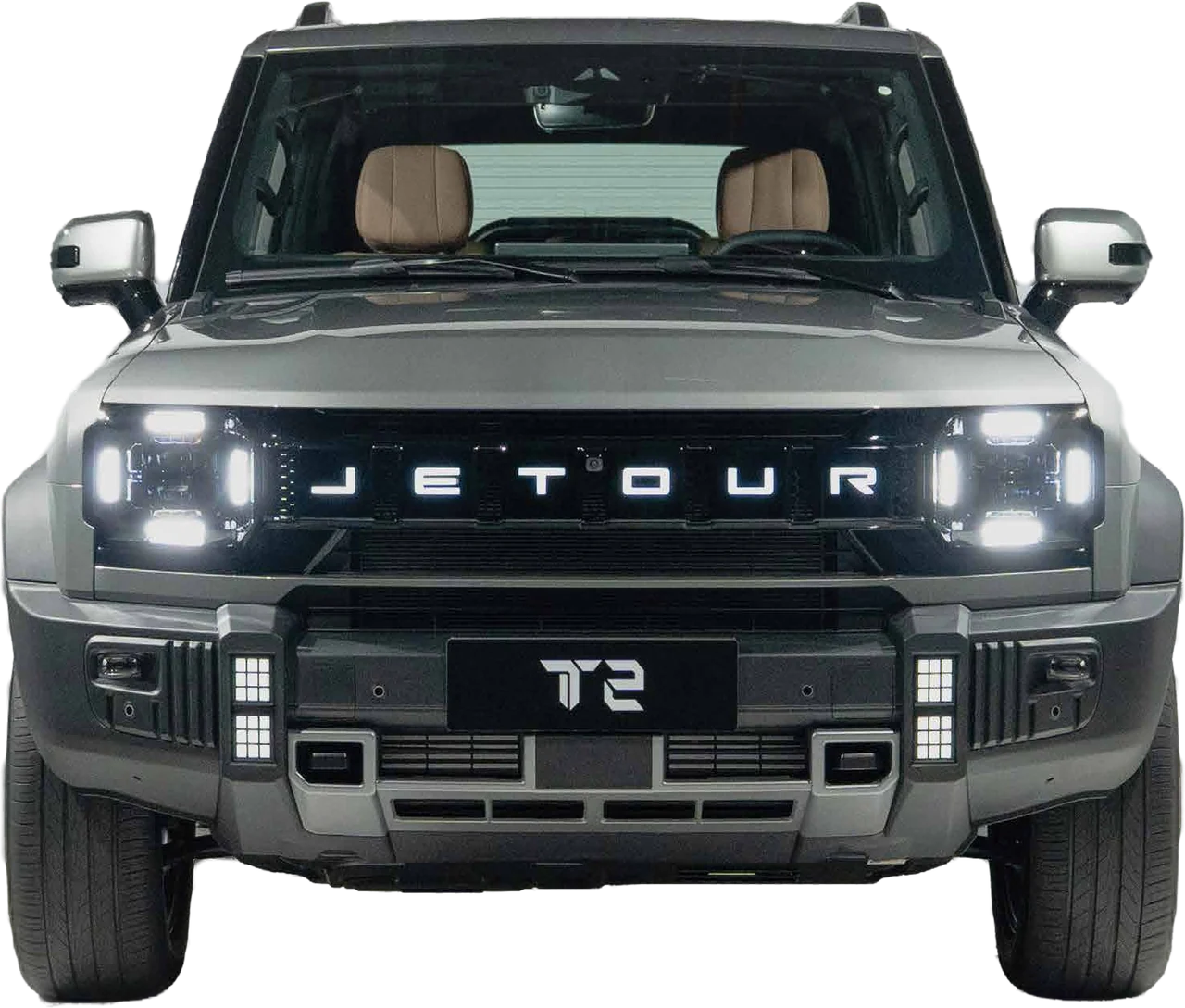 Jetour T2 in Matte Grey, front elevation, headlamps on